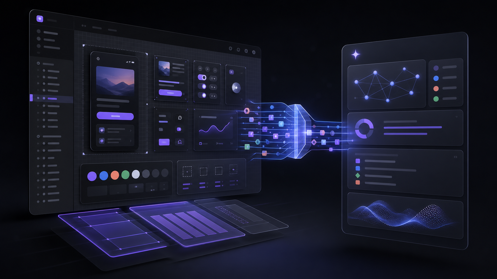 Abstract interface design canvas connected to an AI context panel through a luminous MCP bridge